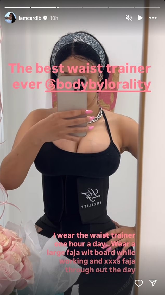 She also promoted the use of a waist trainer, sharing a clip of herself wearing one and noting: 