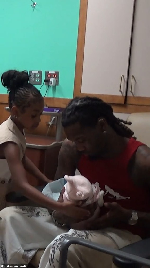 Her ex-husband Offset, 32, and their older children, Kulture, six, and Wave, three, were also part of the celebration, warmly embracing their new sibling with their proud parents.