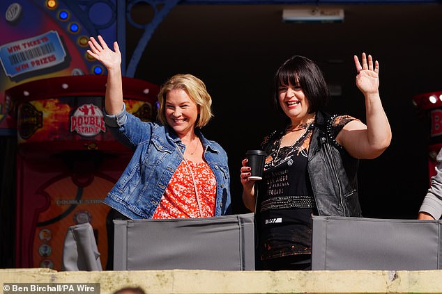 The cast and crew have been filming the latest episode of the sitcom, which will air on Christmas Day, in Barry, attracting hundreds of fans to the set (pictured, Joanna Page and Ruth).