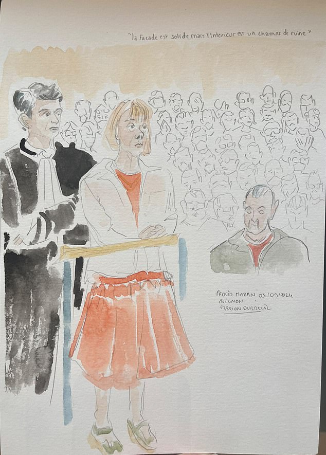 A courtroom drawing shows Madame Pelicot taking the stand, facing her husband and the 50 other people accused of raping her.