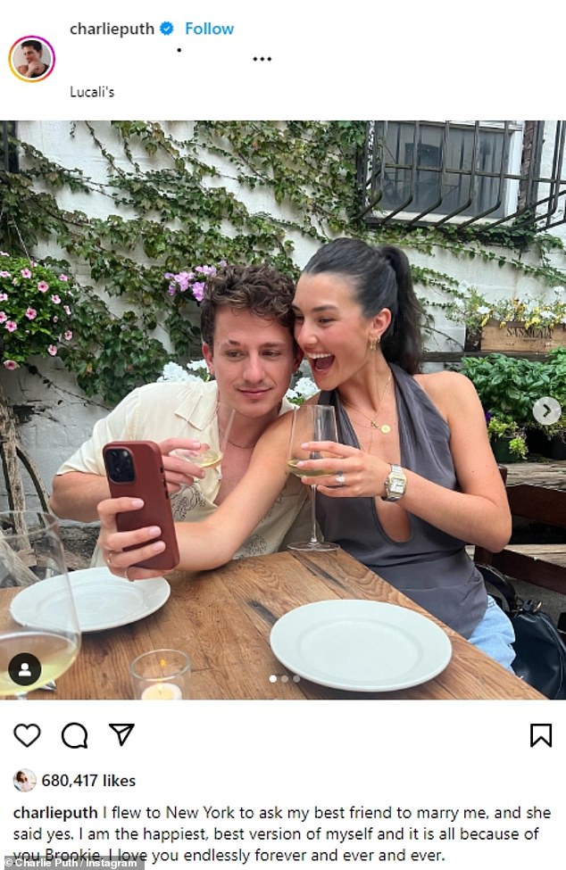 Puth ecstatically revealed the couple's engagement on Instagram last year.