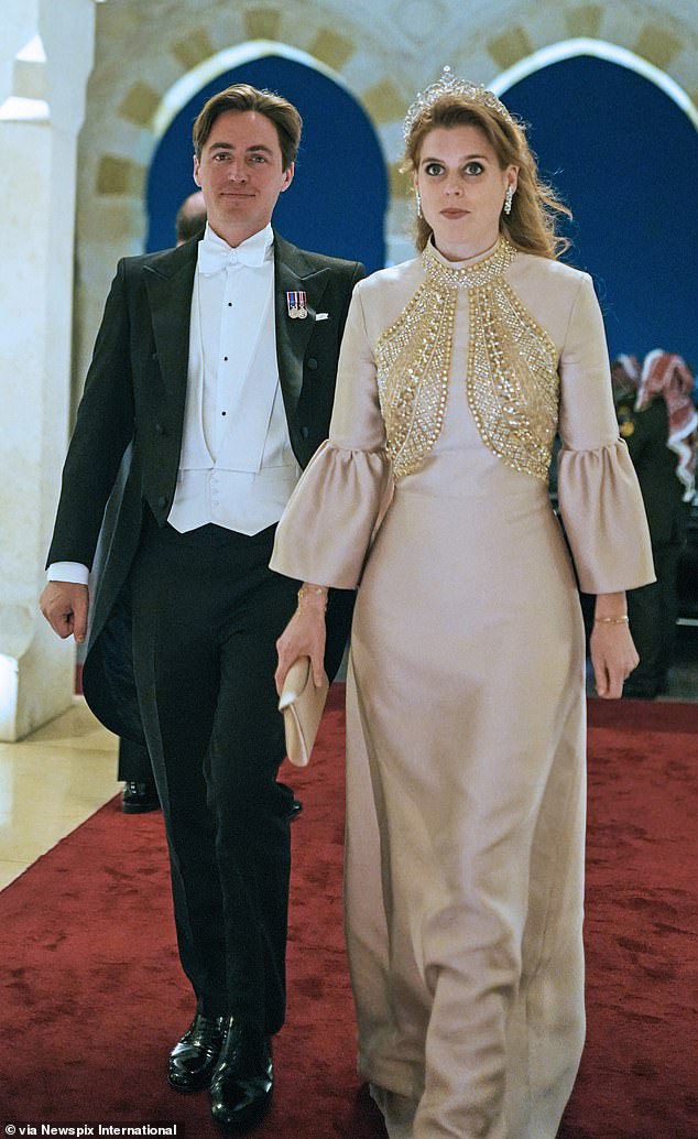 Princess Beatrice in her elegant blush embellished Reem Acra gown alongside her husband Edoardo Mapelli Mozzi at the wedding reception of Crown Prince Al Hussein and Rajwa Alseif, June 2023