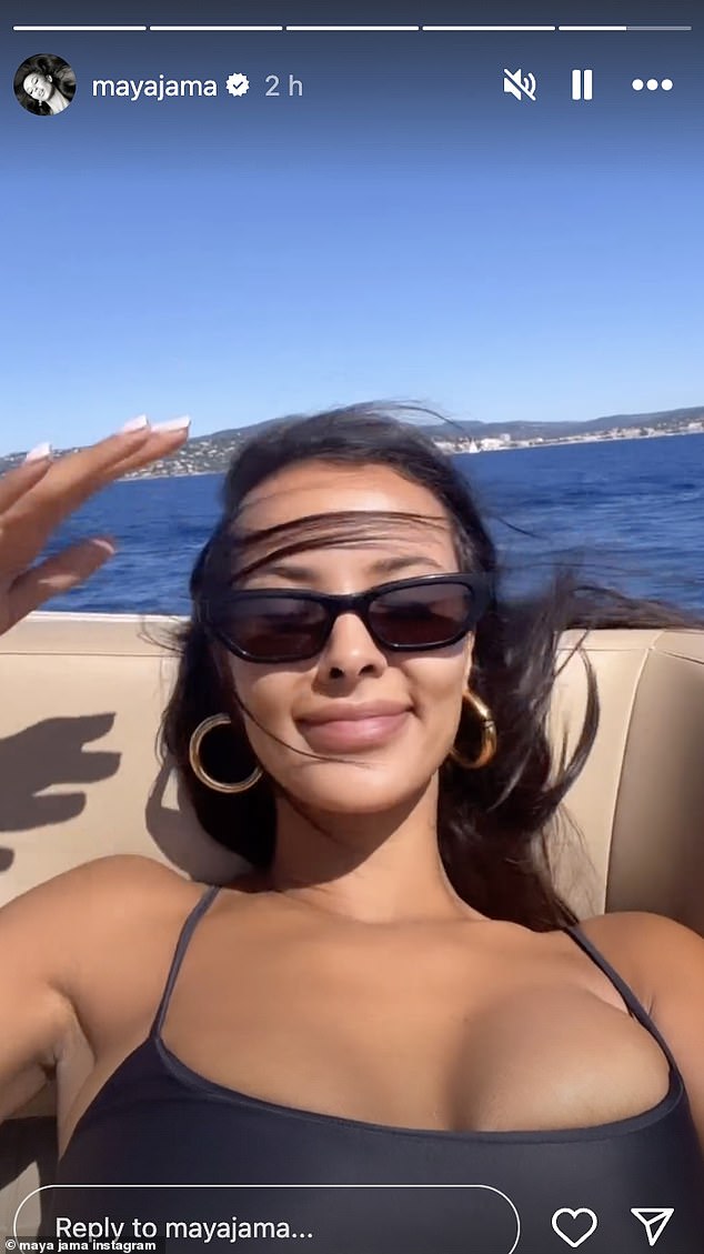 She shared the sun-kissed snap while on a boat, sporting a tiny black bra.