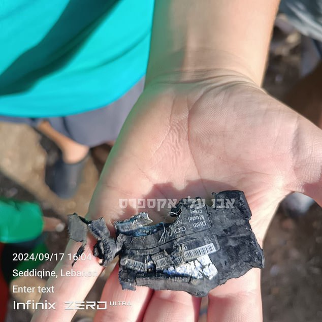 The remains of what is believed to be a pager carried by a Lebanese militant that detonated earlier today