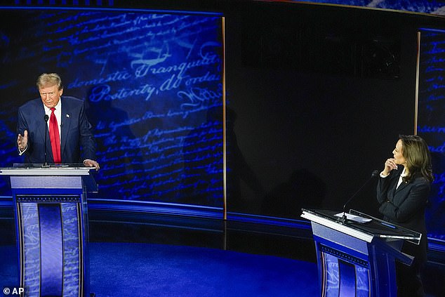 Republican presidential nominee former President Donald Trump and Democratic presidential nominee Vice President Kamala Harris participate during an ABC News presidential debate