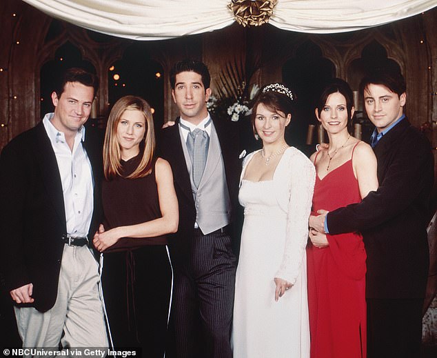 Pictured: (L-R) Matthew Perry as Chandler Bing, Jennifer Aniston as Rachel Green, David Schwimmer as Ross Geller, Helen Baxendale as Emily Waltham, Courteney Cox as Monica Geller, Matt LeBlanc as Joey Tribbiani in Friends