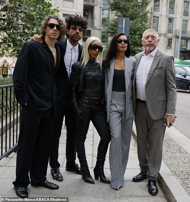 Boris Becker and his new wife Lilian de Carvalho Monteiro were joined by their sons Noah (centre left) and Elias (left) for the Boss show at Milan Fashion Week on Wednesday.