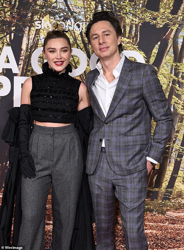 Before Finn, Florence was in a relationship with former Scrubs star Zach Braff, 49, from 2019 until their split in 2022 (pictured in 2023 for the release of A Good Person, which Zach wrote and directed and Florence starred in).