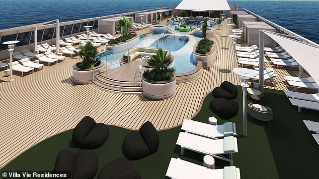 Amenities included on board the ship include access to a swimming pool, a theater and a gourmet restaurant.