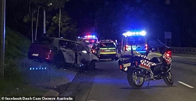 Fortunately, the driver and his 18-year-old passenger only suffered non-life-threatening injuries and were taken to Royal Perth Hospital in a stable condition (pictured: burnt-out car).