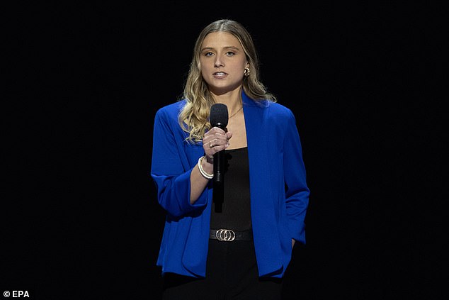 Abortion rights advocate Hadley Duvall speaks at the Democratic National Convention in Chicago on August 19.