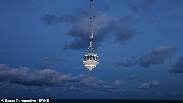 During launch, the massive space balloon was filled with hydrogen, lifting the Spaceship Neptune capsule skyward at a gentle speed of about 12 miles per hour.