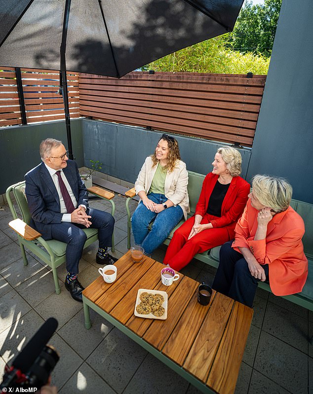 Pictured left to right: Anthony Albanese, Codie, Clare O'Neil and Tanya Plibersek in Codie's new apartment.