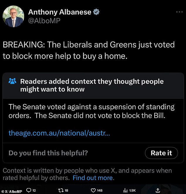 Anthony Albanese posted on X saying the Greens and Liberals had voted to 'block' the Help to Buy scheme, but his details were verified