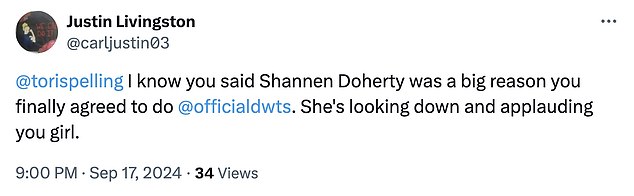 Others came to Tori's defence, with one writing: '@tori spelling I know you said Shannen Doherty was one of the main reasons you finally agreed to be on @officialdwts. She looks down on you and claps for you girl.'