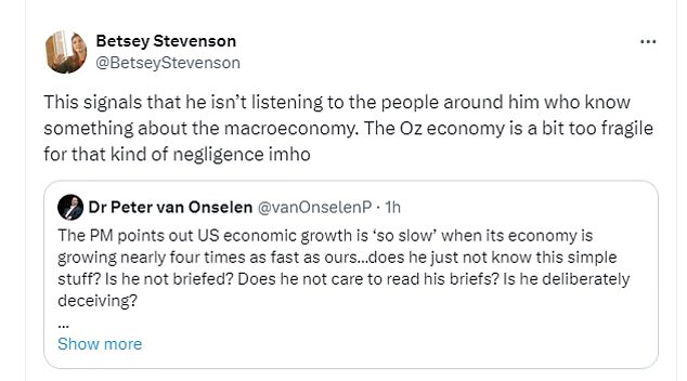 Barack Obama's former economic adviser tweeted a link to the story by Daily Mail Australia political editor Peter van Onselen.