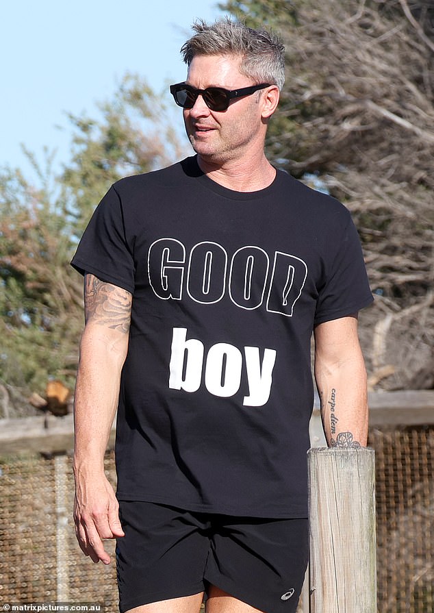 The former Test cricketer poked some fun at his turbulent romantic history with a slogan T-shirt during the outing.