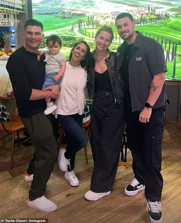 Tasha and her boyfriend Andrew Le Page (far right) meet Aljaz's wife, former Strictly coach Janette Manrara (centre) and their baby Lyra (centre left)