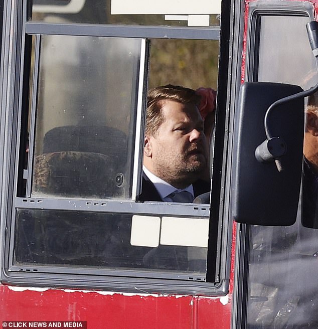 The cast, including James Corden, were seen boarding Famous Dave's Coaches to head to the church for the big day, but bride-to-be Nessa was noticeably absent.