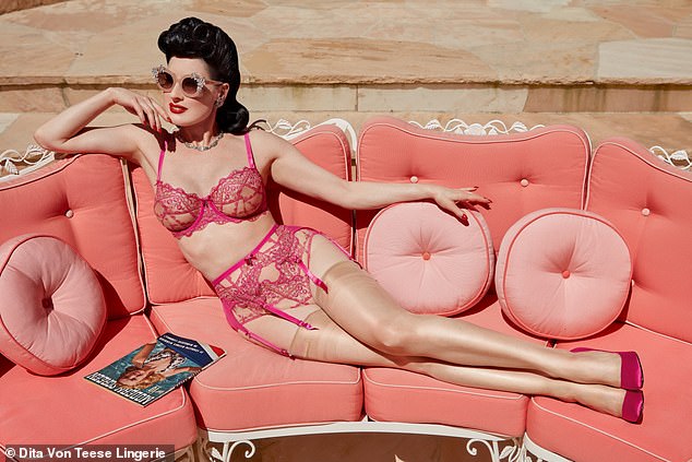 In another shot she wore dark pink lingerie and sunglasses, lounging on a pink outdoor couch.