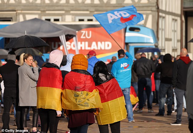 Teenagers draped in German flags attend an election campaign rally of the right-wing Alternative for Germany party on May 28.