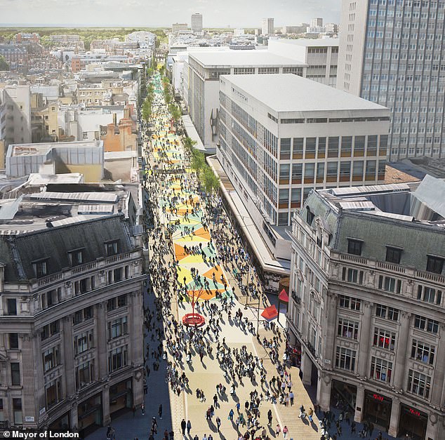 Mr Khan has also released an artist's impression of what a pedestrianised Oxford Street might look like.