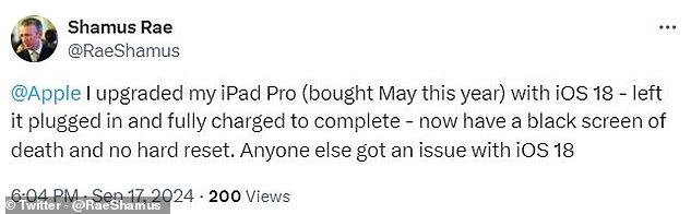 There are indications that the bug may be particularly severe, as affected customers are reporting that iPads cannot be restarted or put into recovery mode, which is often possible even in the case of a failed software update.