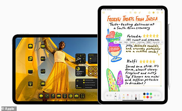 The iOS 18 update was supposed to give the iPad the same Home screen customization options (left) now available on the iPhone, as well as introduce new Smart Script handwriting tools to Notes (right), among other features.