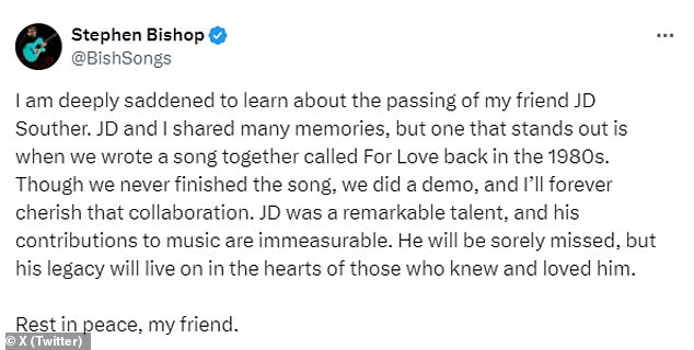 Two-time Grammy nominee Stephen Bishop posted on X/Twitter: 