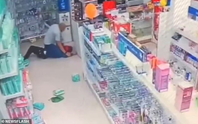 CCTV footage from inside the store shows him knocking the first offender, a young girl, to the ground with a flurry of punches.