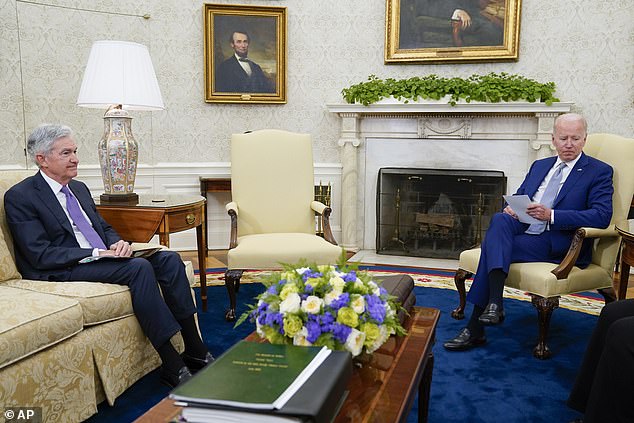 President Joe Biden (right) meets with Federal Reserve Chairman Jerome Powell (left) in the Oval Office on May 31, 2022