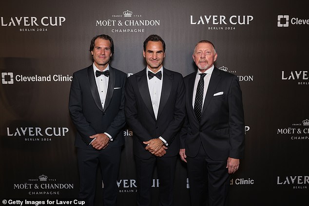 He was accompanied at the event by Tommy Haas (left) and Roger Federer (right).