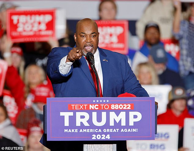 Robinson is the Trump-supporting Republican running for governor in the key state of North Carolina. Pictured here, the lieutenant governor speaks at a Trump rally in Greensboro, North Carolina.