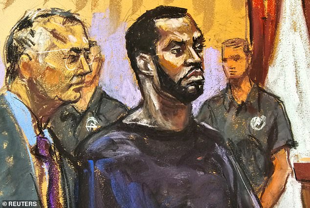 Diddy, seen in a courtroom sketch on Tuesday, faces a host of charges including sex trafficking and racketeering.