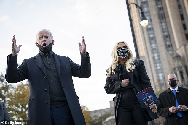 Democratic candidate Joe Biden (left) and pop star Lady Gaga (right) campaign the day before Election Day on the University of Pittsburgh campus.