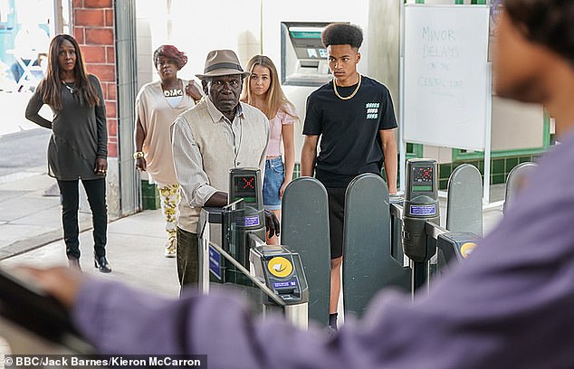 He is seen as a father figure to several characters, namely sisters Denise Fox (Diane Parish, left) and Kim Fox (Tameka Empson, second from left).