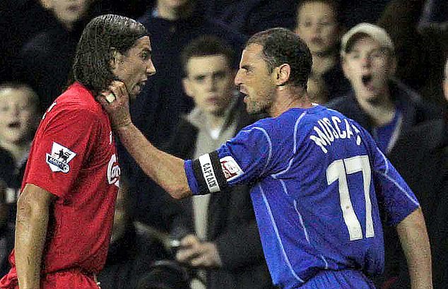 Muscat was once named the dirtiest player in football history by a leading Spanish football website (pictured, grabbing Liverpool striker Milan Baros by the neck)