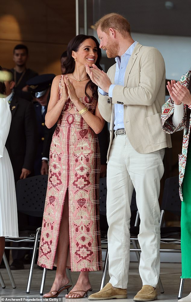 The Duke and Duchess of Sussex are seen at the Delia Zapata National Arts Centre during their visit to Colombia on August 15