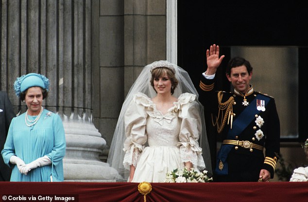 The couple, along with the Queen, wave from the balcony of Buckingham Palace on their wedding day in 1981