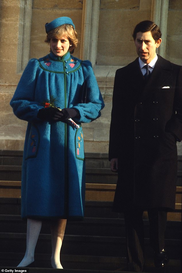 Diana and Charles standing outside St George's Chapel on Christmas Day 1981