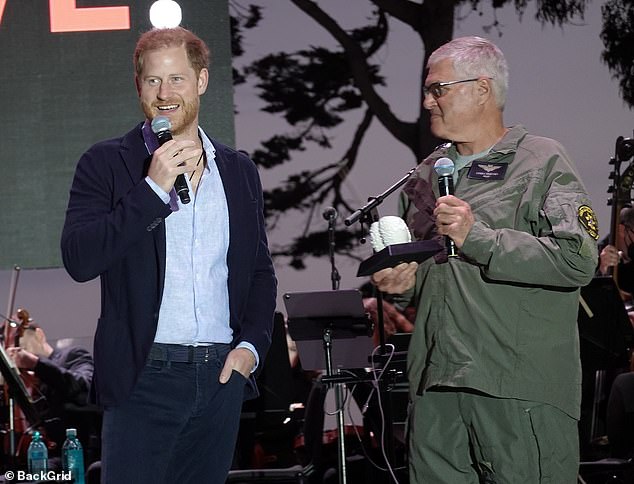 The Duke of Sussex joked about how he and the pilot felt more comfortable behind the controls of a helicopter than on stage.