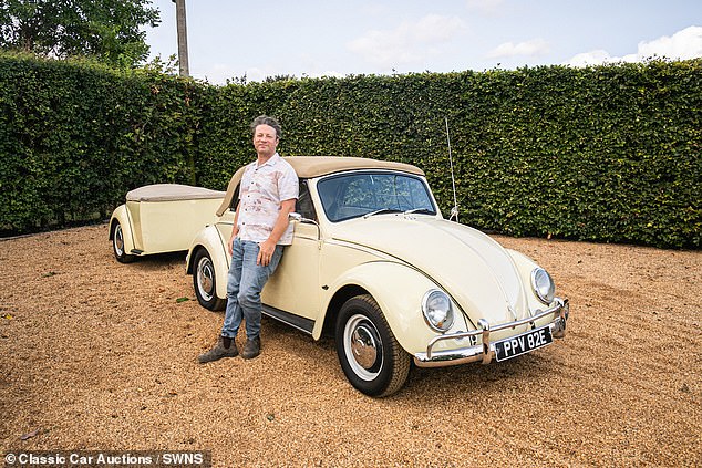 Jamie Oliver and his 1967 VW Beetle 1500 convertible which comes with a custom trailer