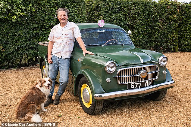 Jamie Oliver poses with his 1955 FIAT Series 1100/103 which, appropriately, came with the original registration 677 YUM