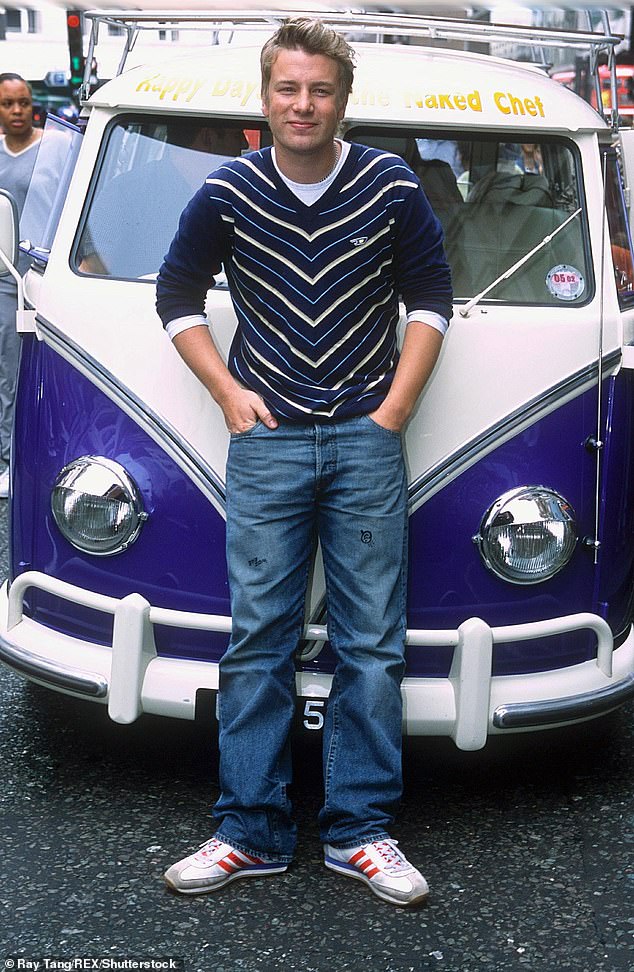 Jamie Oliver with his Volkswagen van in 2001