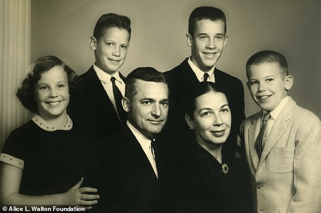 In his 1992 memoir Made in America, Alice's father, Walmart founder Sam Walton (center left), said his only daughter (left) was 