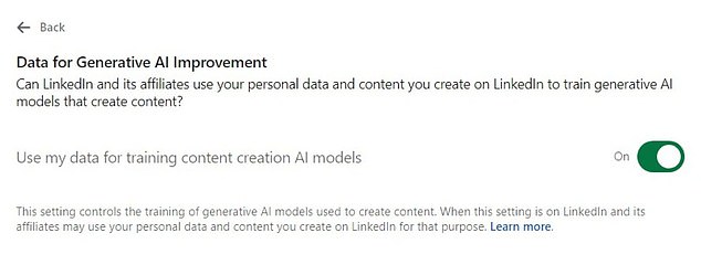 Anyone using the app who does not want LinkedIn to record their activity must manually disable 'Data for Generative AI Improvement'.