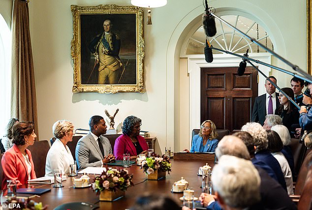 First Lady Jill Biden (center) speaks during a Cabinet meeting with President Joe Biden at the White House