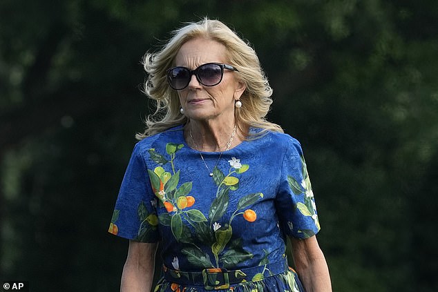 First Lady Jill Biden walks on the South Lawn of the White House in Washington, July 7, 2024.