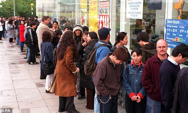 Pictured: Video game fans queuing outside Brent Cross shopping centre in 1997 to get their hands on a Tamagotchi