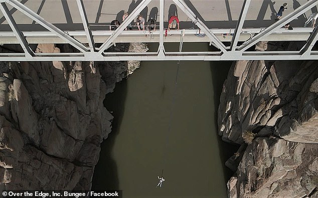 Pictured: Thrill seekers jumping off the Fremont Canyon Bridge with Over the Edge, Inc.